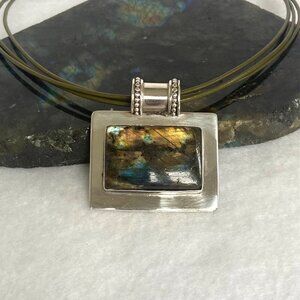 Sterling Silver 925 Chunky Rectangular Labradorite Slide Pendant Necklace 18"